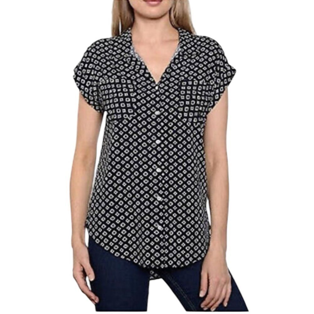Jachs Girlfriend Button-Up Blouse Small Blue Diamond Print Short Sleeve‎ Casual